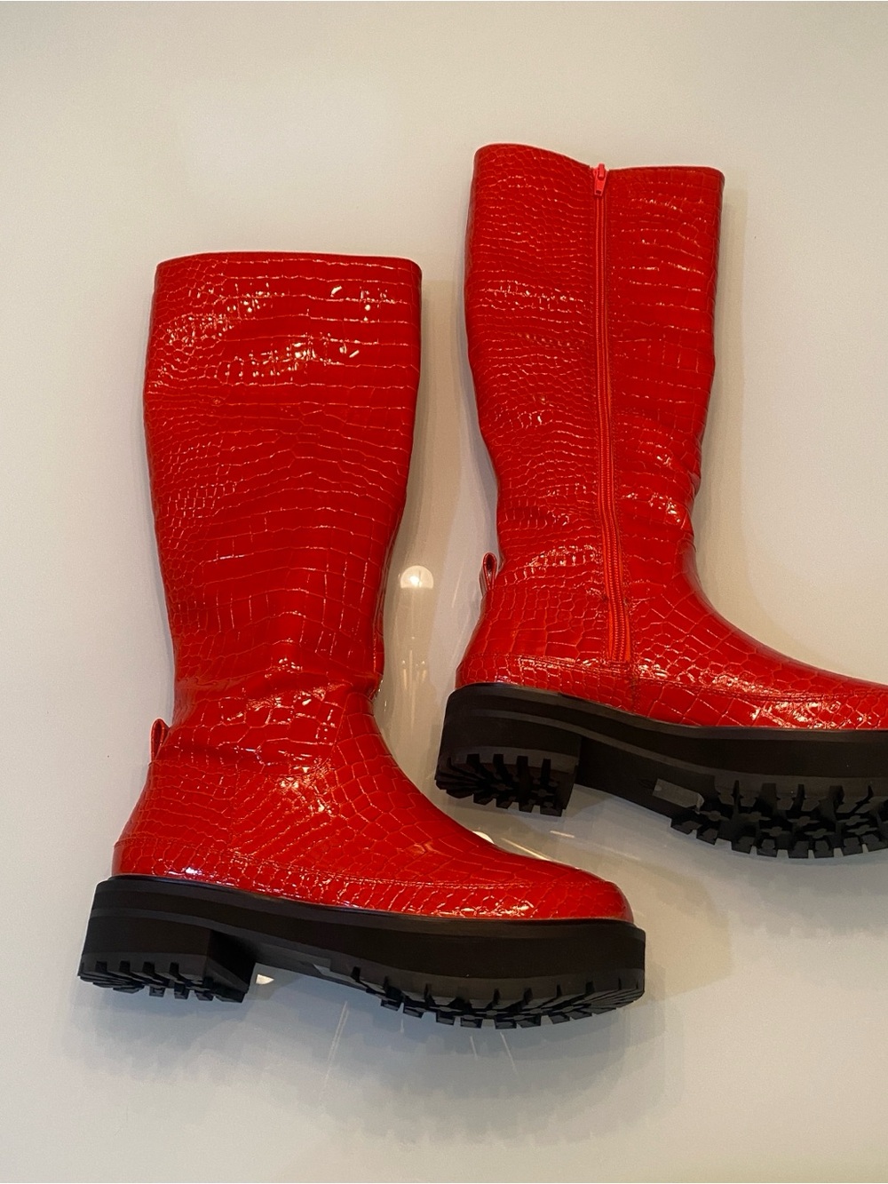 Urban Outfitters Orange Red Croc Embossed Patent Tall Lug Sole Boots Size 7
